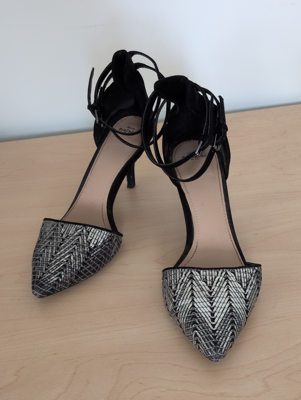 Zara Black Pointed-Toe Ankle-Strap Heels with Silver Pattern